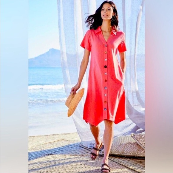 Soft Surroundings Dresses & Skirts - Soft Surroundings Danielle Button Dress Sunset Coral Beachy NWT Coastal Small